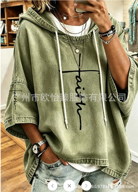 Autumn new women's print hooded long-sleeved drawstring sweater m303207
