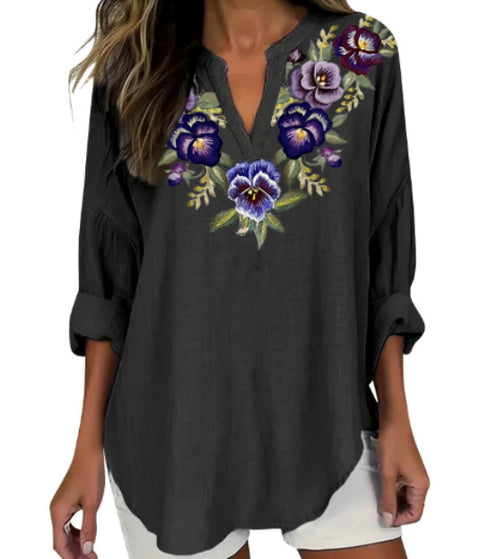 Small V-neck long-sleeved floral simple casual temperament T-shirt m302763