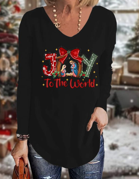 Loose 3D V-neck long-sleeved T-shirt women's Christmas printed bottoming shirt m302098