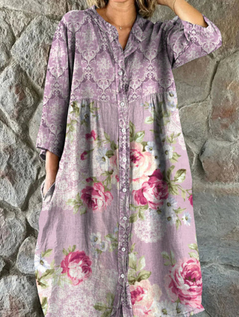 Women's Loose Crew Neck Fashion Premium Long Sleeve Printed Shirt Dress m301050