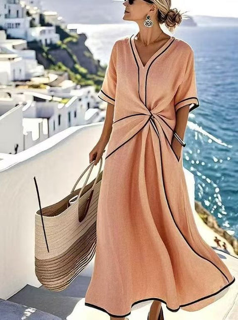 V-neck women's fashion elegance commuter ladies printed striped dress print ladies print ladies m302355