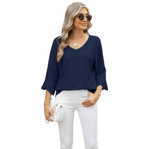 Spring and summer new v-neck rhombus grid hollow jacquard horn sleeve loose t-shirt women's m301965