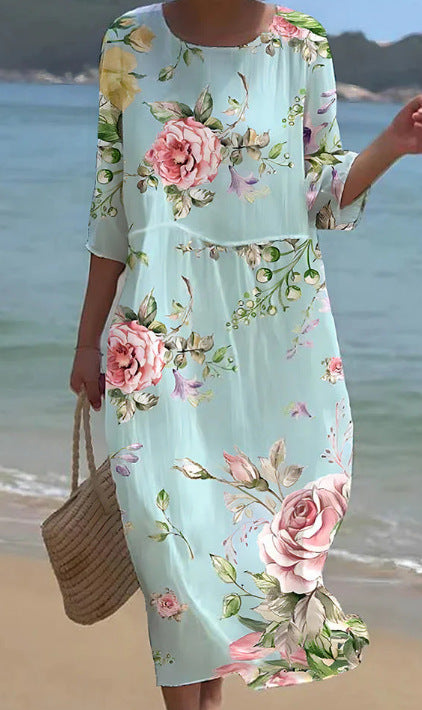 Loose crew neck fashion high-end long-sleeved printed dress m301053