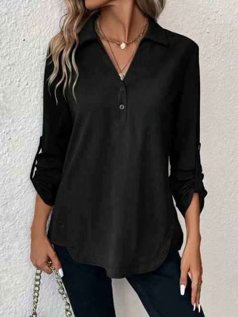 Solid color V-neck button-down long-sleeved loose fashion women's shirt m300655