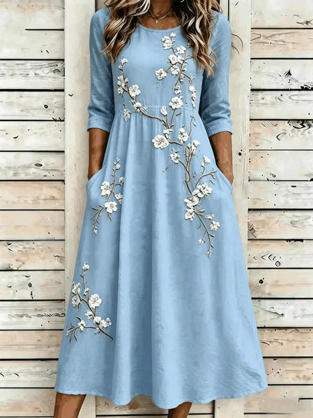 Creative floral elements seven-quarter sleeve long dress casual loose pocket dress m302768