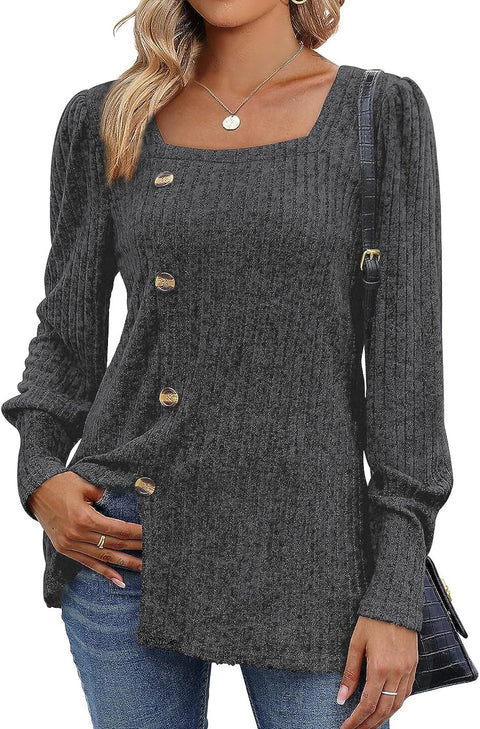 Autumn and winter new buckle square neck long-sleeved solid color women's t-shirt m300546