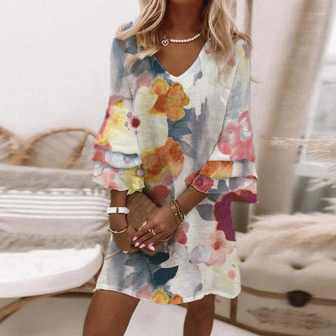 Printed V-neck 3/4 sleeve mini ladies dress m300699
