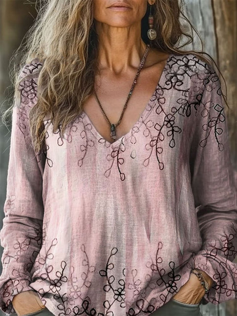 Casual V-Neck Long Sleeve Pullover Digital Printing Women's Upper T-Shirt m303120