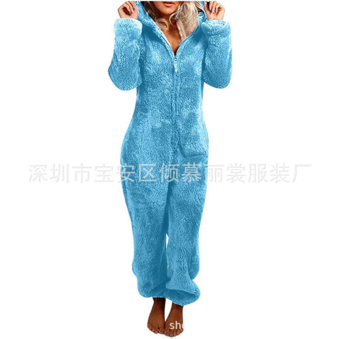 Fleece Thickened Fluffy Jumpsuit Hooded Pajamas m302166