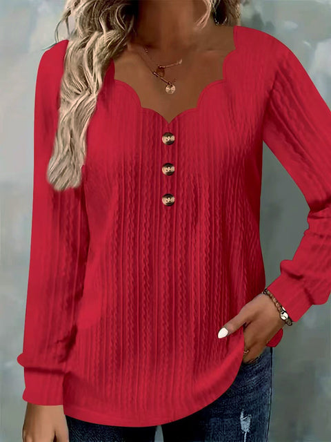 Women's solid color scallop V-neck chest button-down long-sleeved top T-shirt m301771
