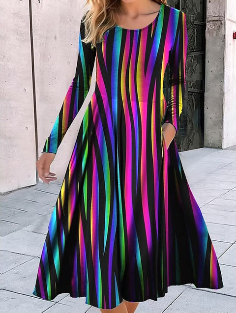 Crew Neck Long Sleeve Loose Geometric Pattern Printed Pendulum Dress m300700