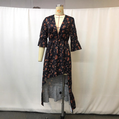 V-neck western denim print floral dress m301535