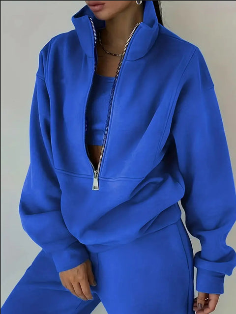 Casual sports home loose and comfortable zipper fleece knitted sweater sweatpants two-piece women's clothing m301654