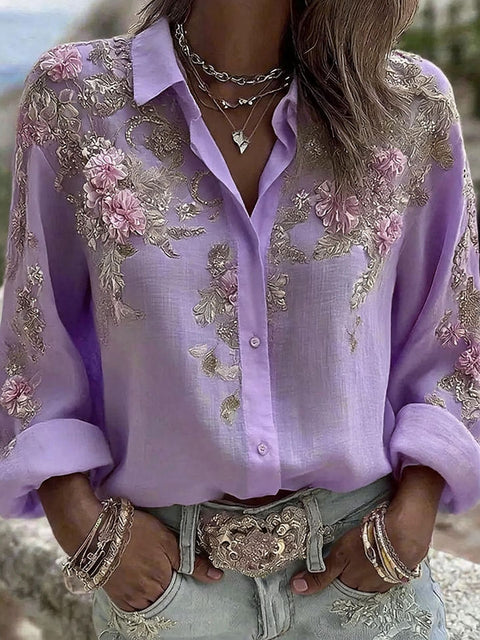 Chemise femme boutonnée à manches longues et revers fleuri m303076