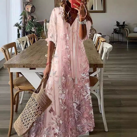 Elegant temperament long dress summer lace print casual dress m301718