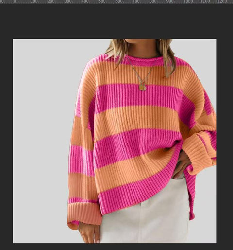Crew neck long sleeve striped knitted sweater flared sleeve loose sweater women m301591