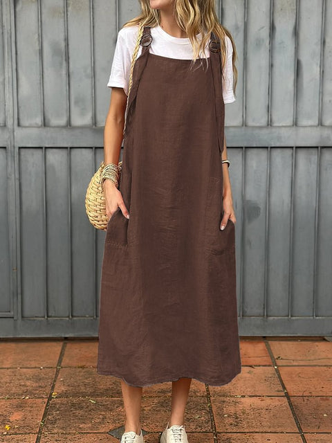 Women's fashion adjustable shoulder strap casual cotton and linen dress m302048