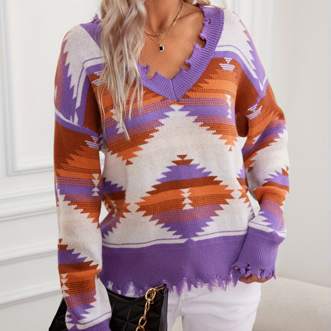 Aztec cut knitted sweater geometric pattern jacquard pullover V collar top long sleeve ethnic style m301953