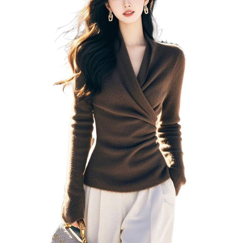 French Elegant Coffee V-Neck Long Sleeve Sweater Knitted Sweater Women's Autumn and Spring Versatile Slim Fit M301759