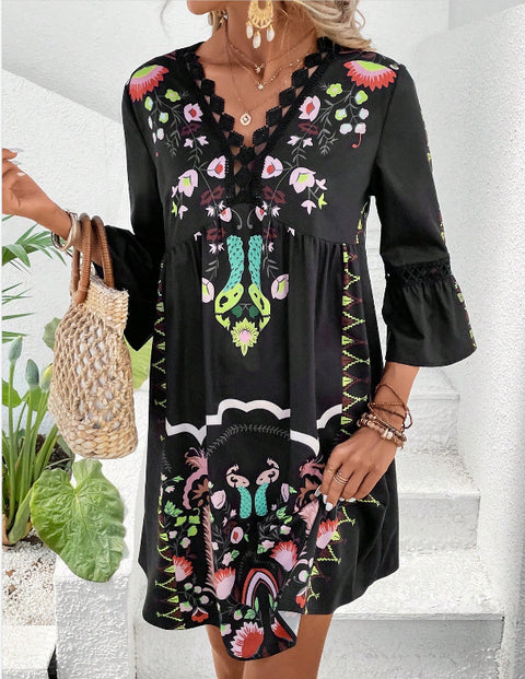 New V-neck lace splicing casual versatile print dress m300993