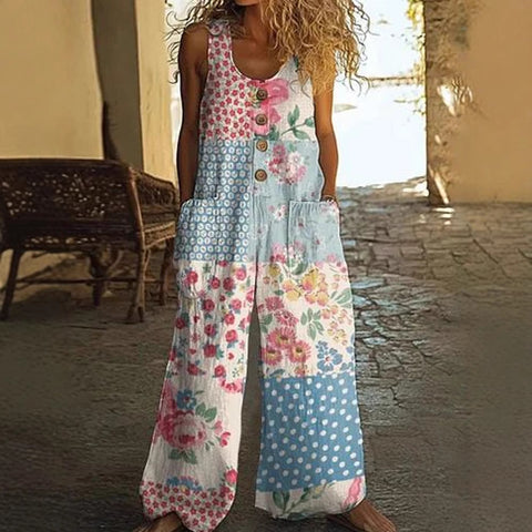 Casual sleeveless loose pocket overalls women's long jumpsuit m301435