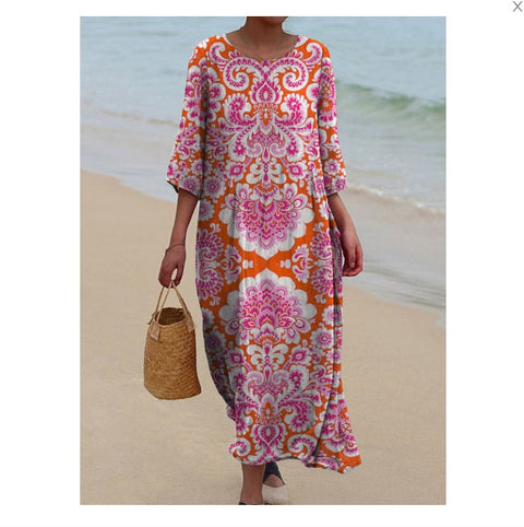 Women's Crew Neck Long Printed Casual Fashion Women's Dress m301059