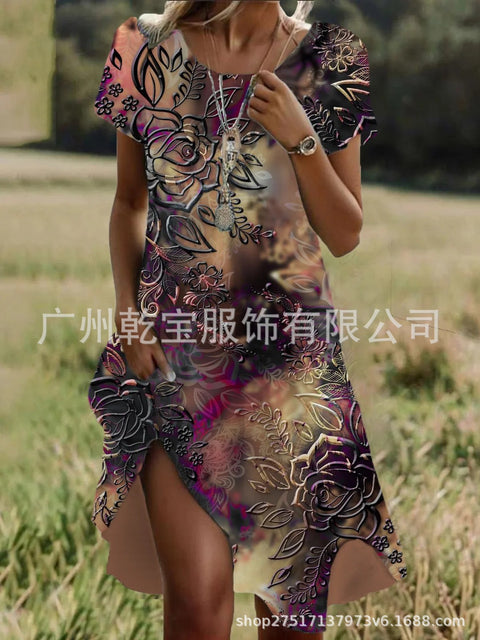 Floral print crew neck casual dress m303190