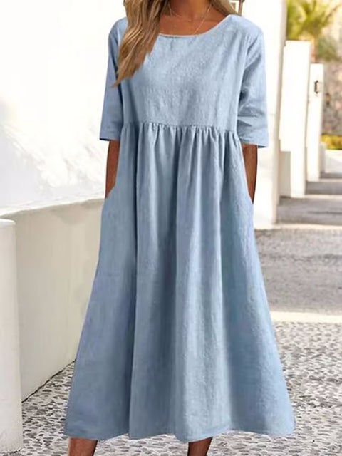 New cotton and linen casual short-sleeved pocket pleated loose round neck dress m300890