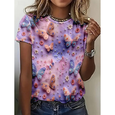 T-shirt ras du cou à manches courtes en imitation coton à imprimé floral pour navetteur m303070