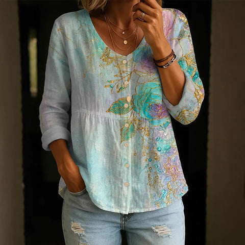 Crew Neck Women's Floral 3D Printed Henley Shirt m303180