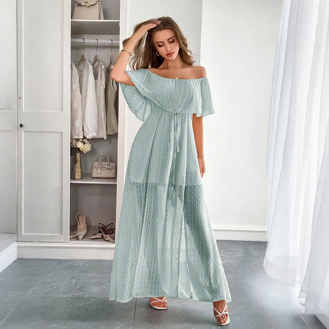 Casual simple wind off-the-shoulder semi-transparent slim-fit long dress m301413