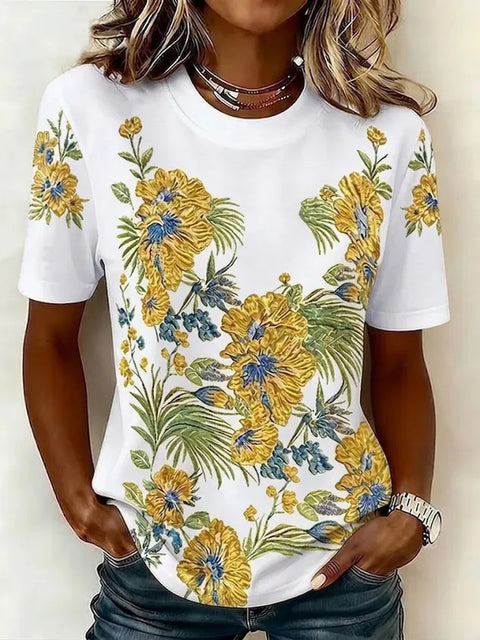 T-shirt ras du cou à manches courtes en imitation coton à imprimé floral pour navetteur m303070