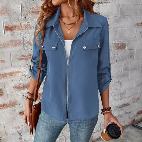 lapel zipper cardigan purse hat solid color long sleeve jacket m300675