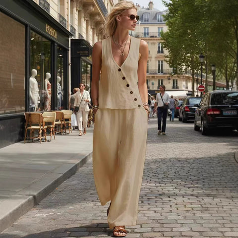 Spring and summer new sleeveless V-neck button top solid color pants casual suit m302509