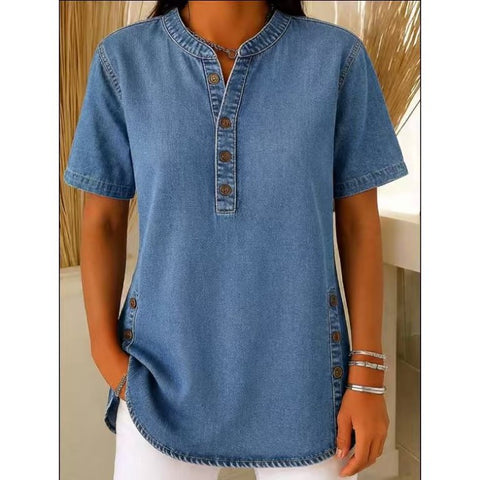 Crew Neck Button Daily Commuter Denim Casual Short Sleeve T-Shirt m303259