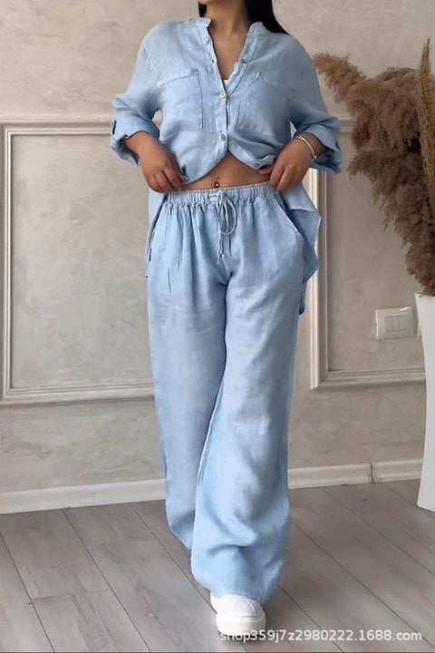 Casual cotton and linen solid color shirt drawstring wide-leg pants set m302317