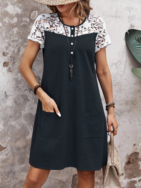 Spring and summer new women's clothing casual loose contrasting color lace splicing pocket dress m301448