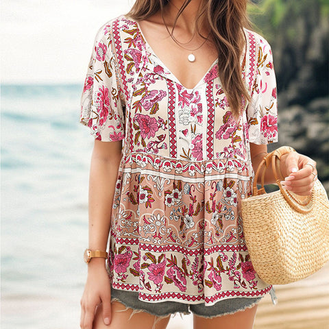 New women's clothing European and American casual vacation top strap printed lotus leaf sleeve shirt m301743