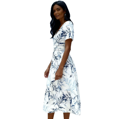 Temperament sweet short-sleeved V-neck printed waist A-word dress m302370