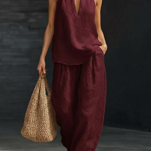 Sleeveless loose shoulder suit women's summer casual wide-leg pants two-piece set m302658