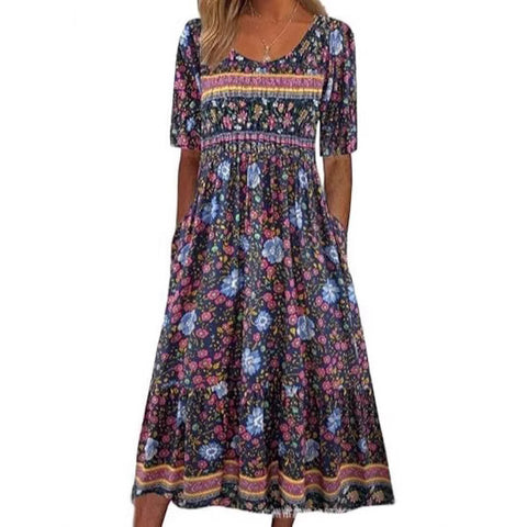Ladies Casual Crew Neck Pullover Short Sleeve 3D Printing Pleated Waist Swing Long Dress Dress m301299