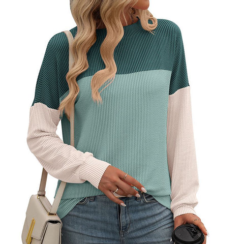 New round neck twist strip color matching long sleeve loose T-shirt women's m300963