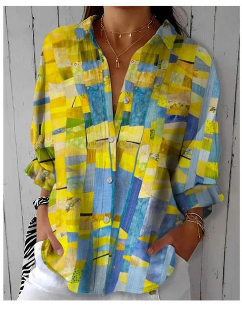 3D digital printing abstract pattern women's long-sleeved buckle linen shirt m302749-01
