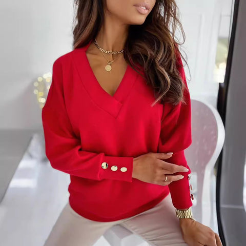 Casual loose solid color button-down V-neck long-sleeved T-shirt women's m300410