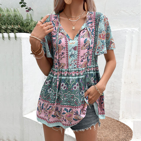 New women's clothing European and American casual vacation top strap printed lotus leaf sleeve shirt m301743