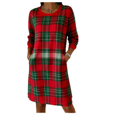 Christmas plaid crew neck long sleeve dress retro style m302138