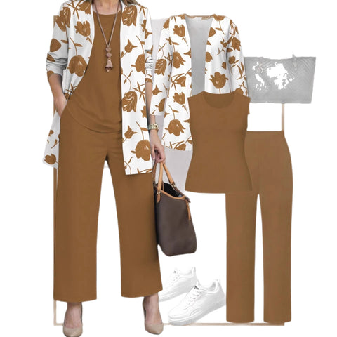 Pink three-piece casual suit women's cardigan wide-leg pants m302761