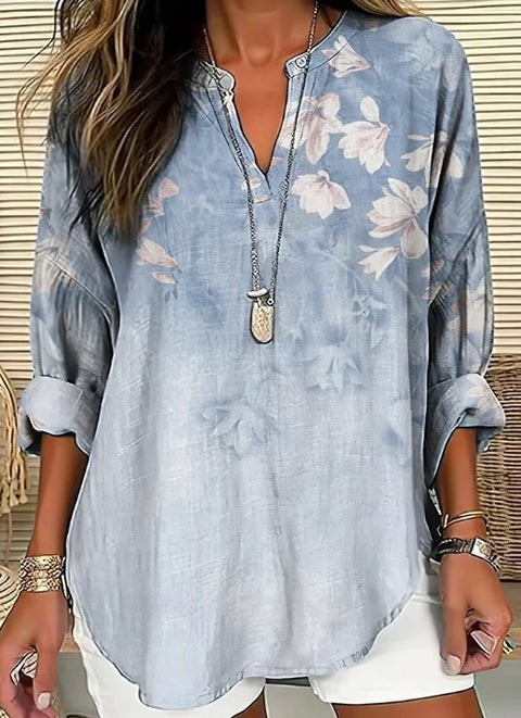 Loose 3D Printed V-Neck Shirt Long Sleeve T-Shirt m301360