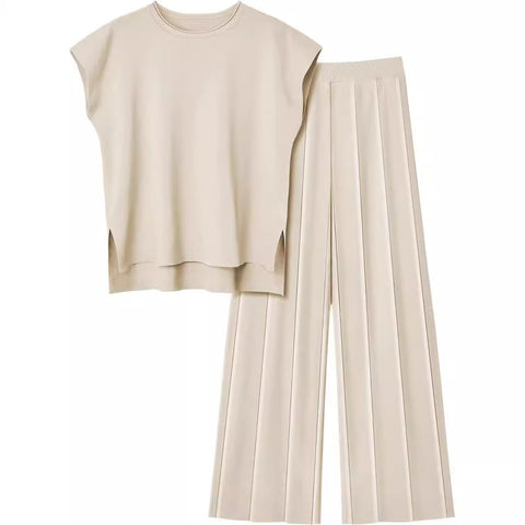 Women's knitted casual suit sleeveless vest knitted sweater + wide-leg pants two-piece set m301592