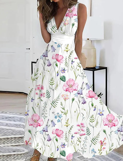 Women's new V-neck with lining high waist sleeveless printed sexy vest dress m301267